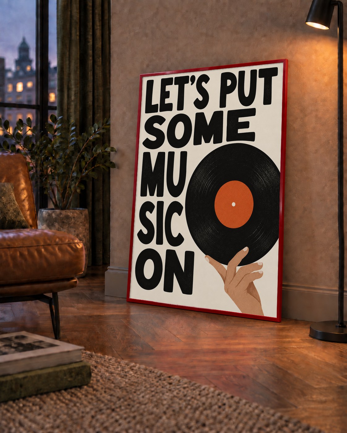 Let’s Put Some Music On – Vinil Plak Temalı Retro Poster — çerçeveli hâliyle bir ev duvarında
