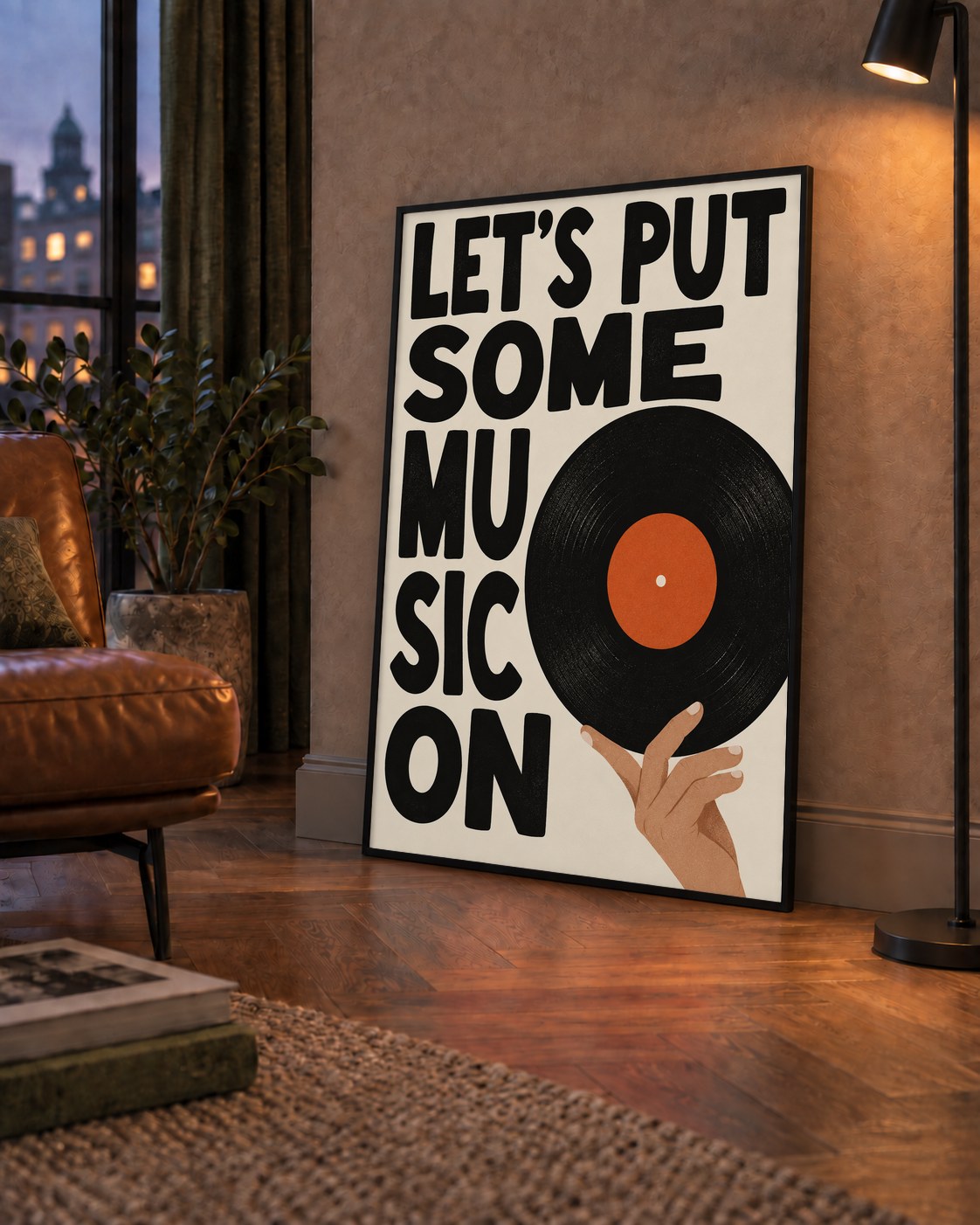 Let’s Put Some Music On – Vinil Plak Temalı Retro Poster — çerçeveli hâliyle bir ev duvarında