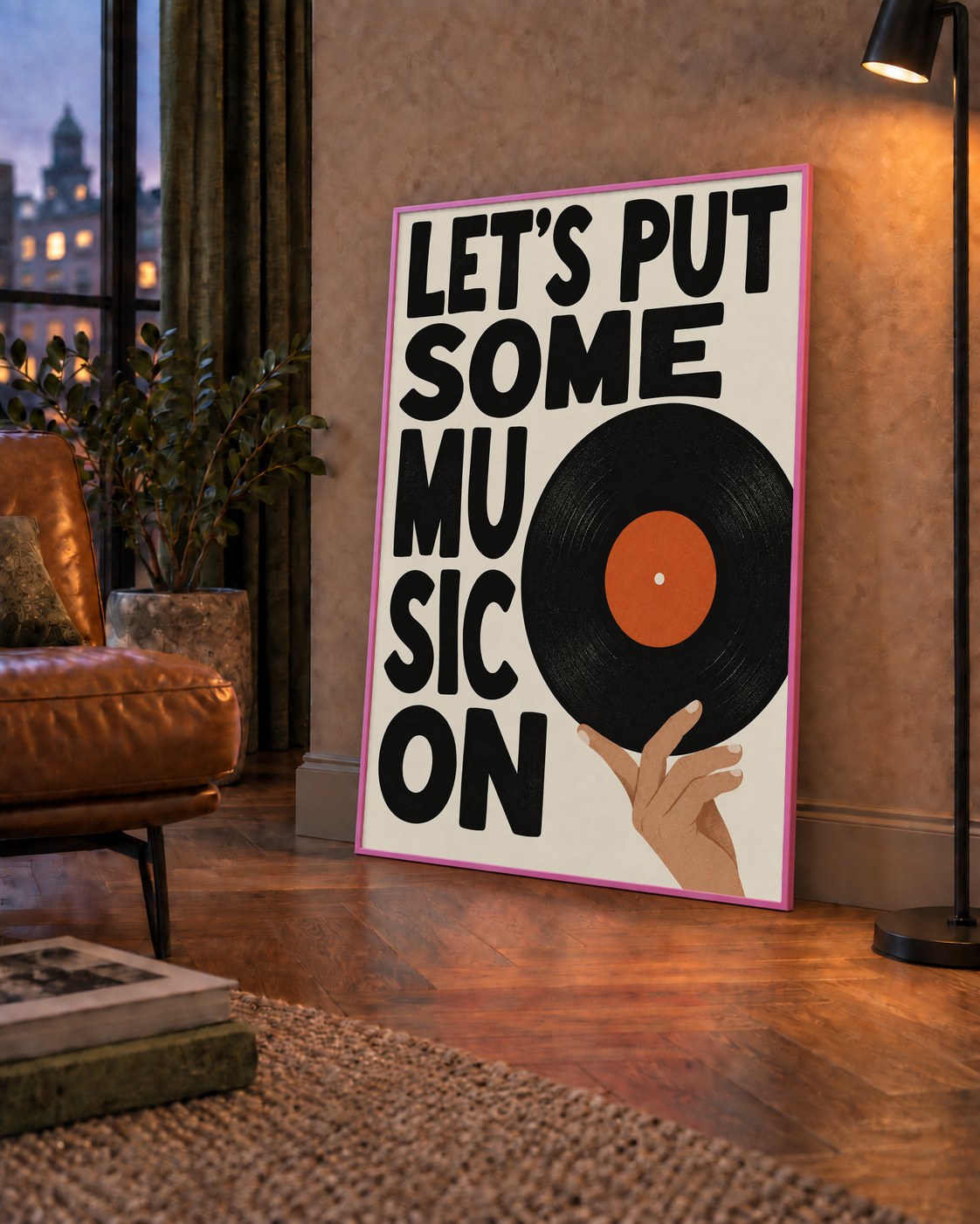 Let’s Put Some Music On – Vinil Plak Temalı Retro Poster — çerçeveli hâliyle bir ev duvarında