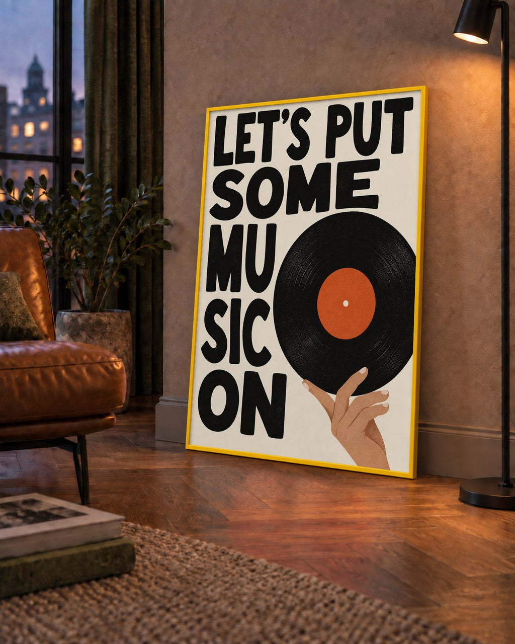 Let’s Put Some Music On – Vinil Plak Temalı Retro Poster — çerçeveli hâliyle bir ev duvarında