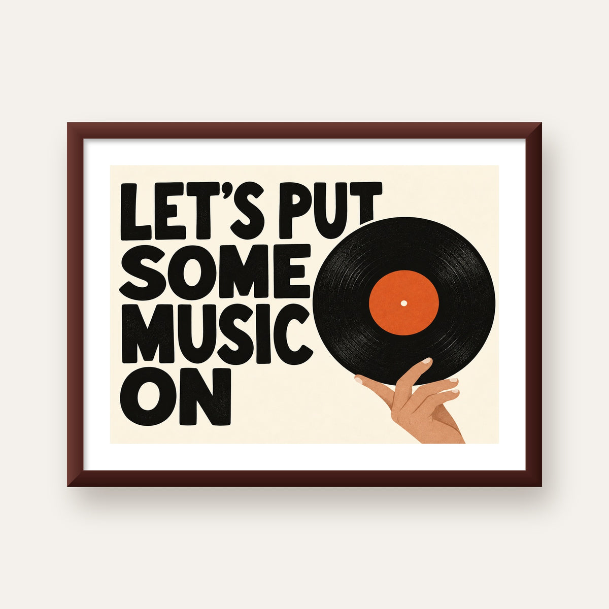 Let’s Put Some Music On – Vinil Plak Temalı Retro Poster — ceviz çerçeveli paspartulu