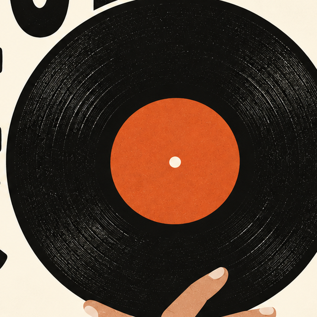 Let’s Put Some Music On – Vinil Plak Temalı Retro Poster — baskının yakın çekimi, kâğıt dokusu ve renk detayı