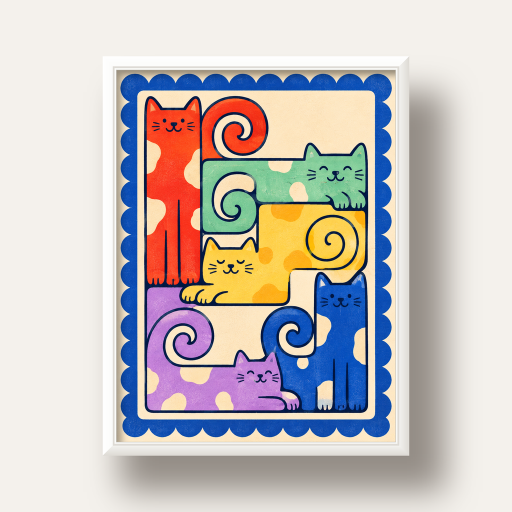 Renkli Stilize Kediler Modern Dijital Poster Baskı — beyaz derin çerçeveli