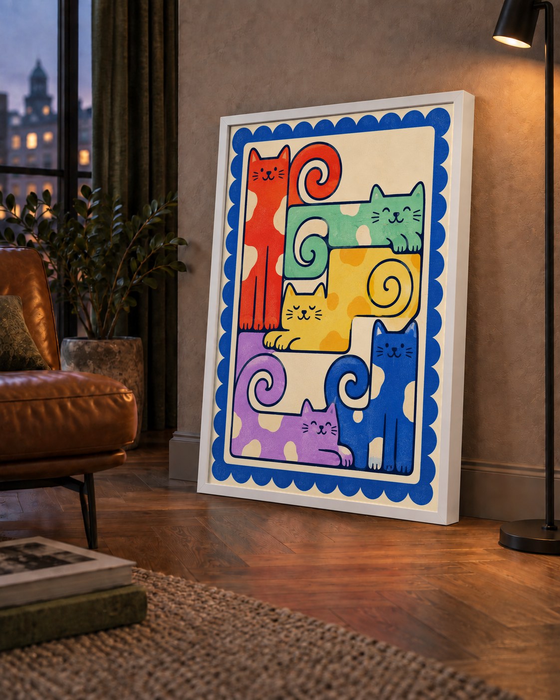 Renkli Stilize Kediler Modern Dijital Poster Baskı — çerçeveli hâliyle bir ev duvarında