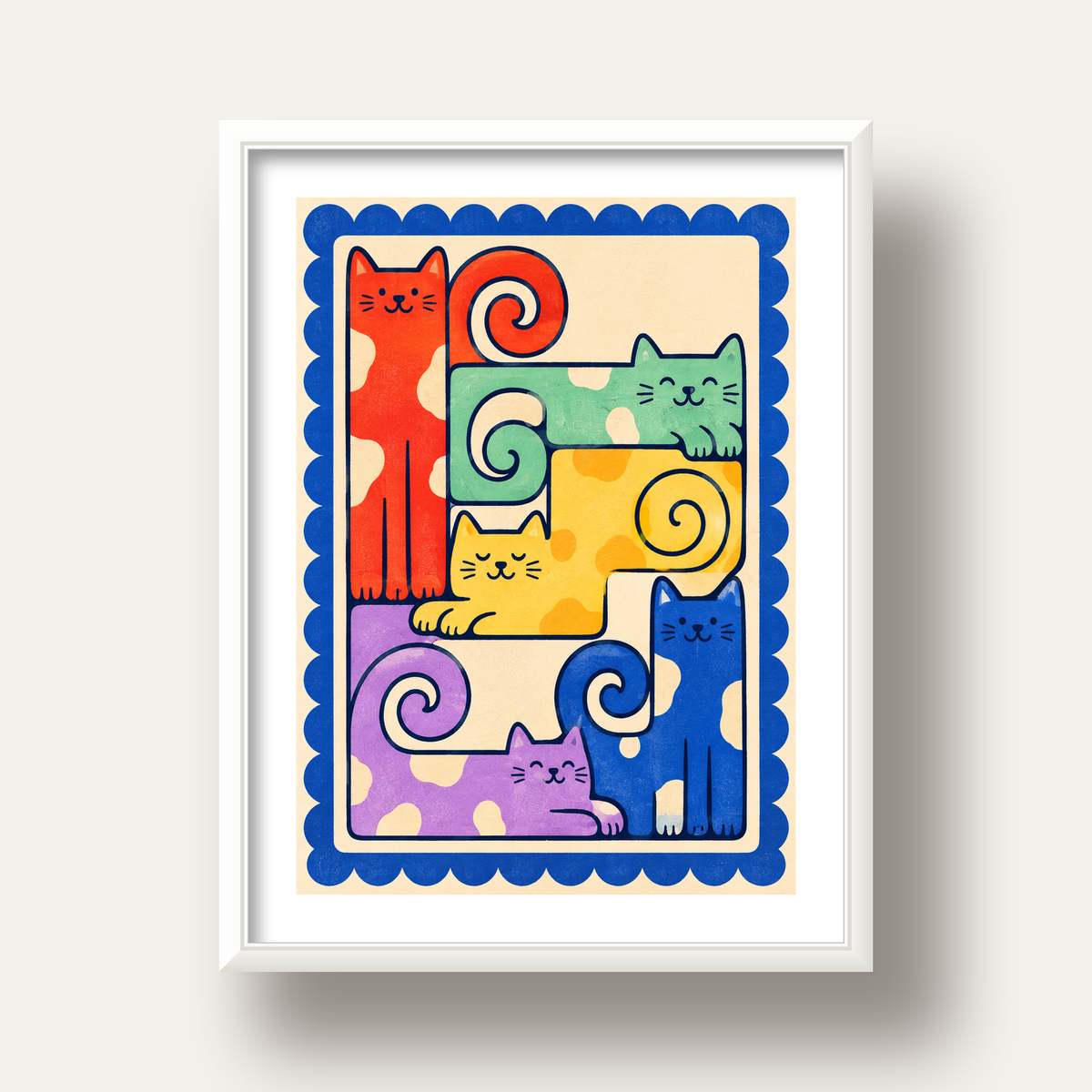 Renkli Stilize Kediler Modern Dijital Poster Baskı — beyaz derin çerçeveli paspartulu