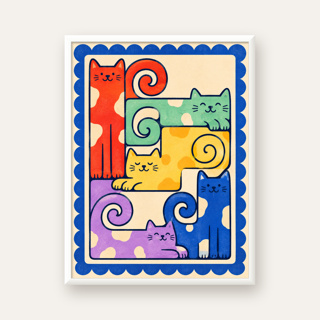 Renkli Stilize Kediler Modern Dijital Poster Baskı — beyaz çerçeveli dikey poster