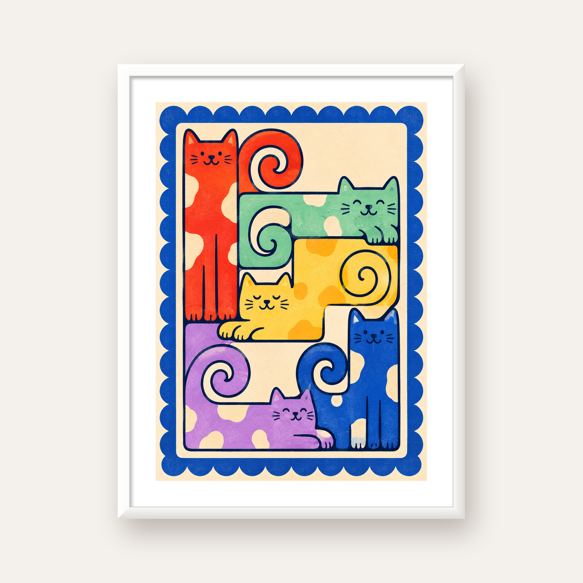 Renkli Stilize Kediler Modern Dijital Poster Baskı — beyaz çerçeveli dikey poster