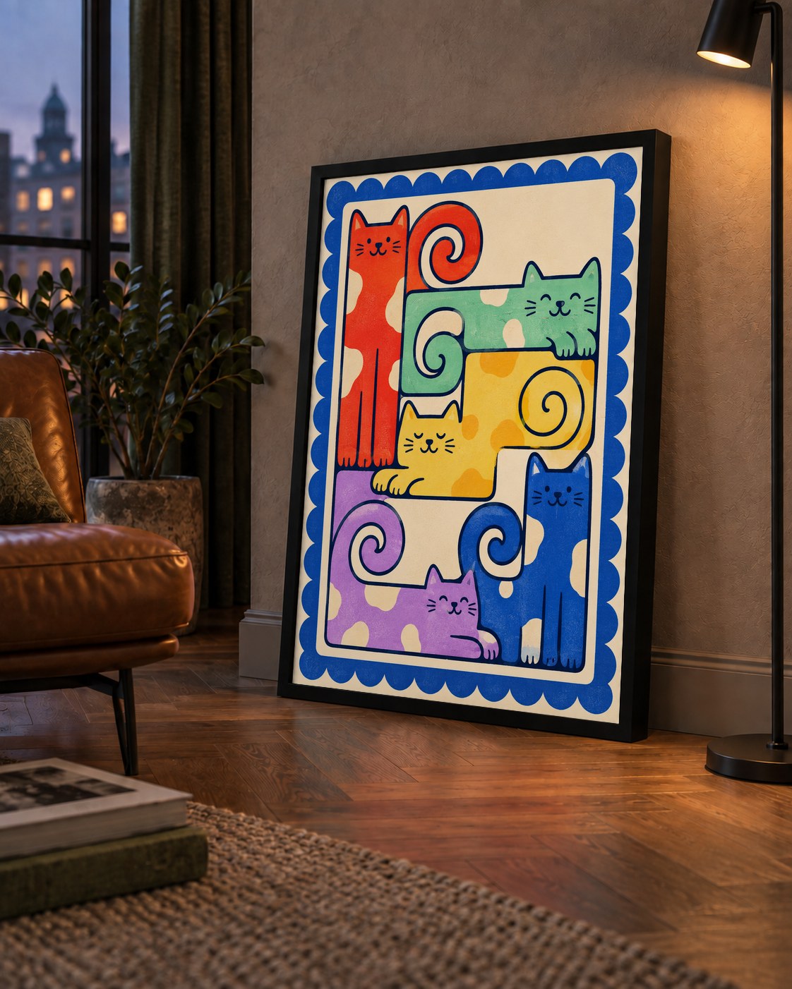 Renkli Stilize Kediler Modern Dijital Poster Baskı — çerçeveli hâliyle bir ev duvarında