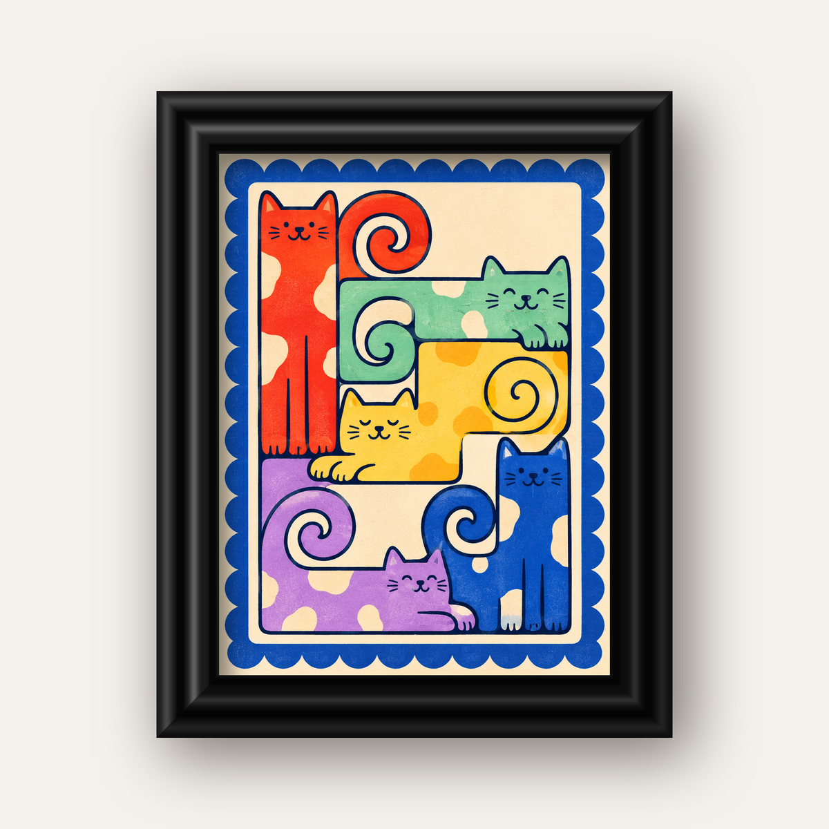 Renkli Stilize Kediler Modern Dijital Poster Baskı — siyah galeri çerçeveli