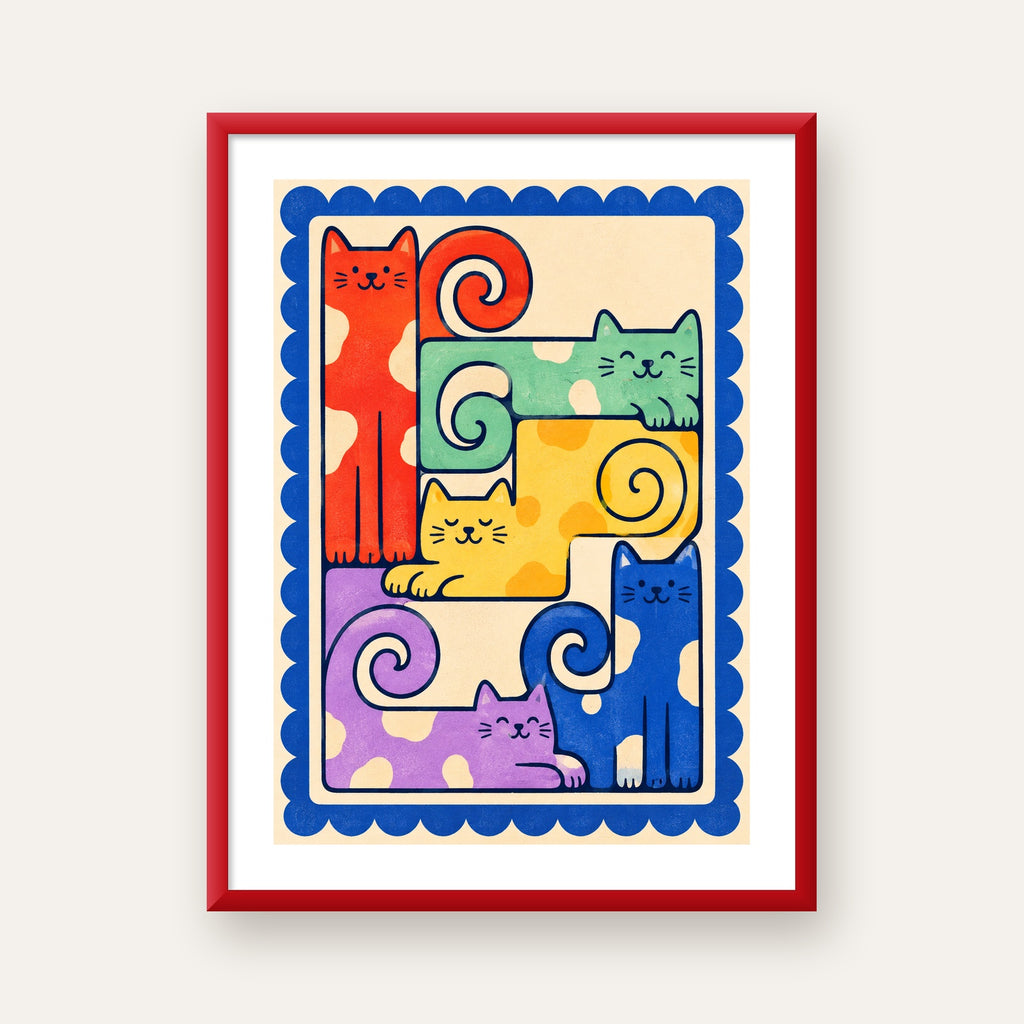 Renkli Stilize Kediler Modern Dijital Poster Baskı — kırmızı çerçeveli paspartulu