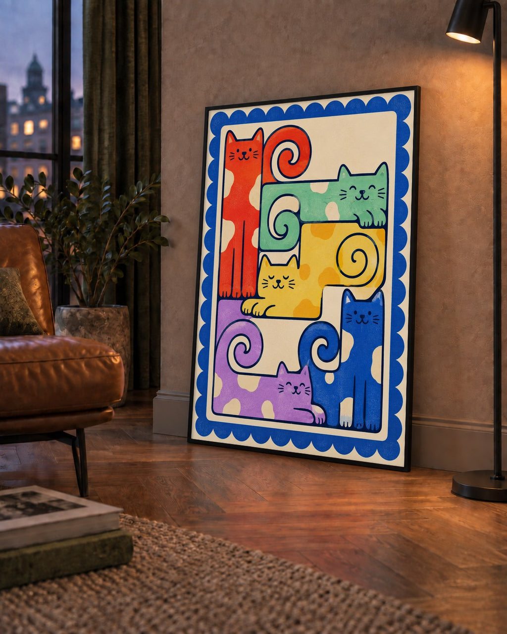 Renkli Stilize Kediler Modern Dijital Poster Baskı — çerçeveli hâliyle bir ev duvarında