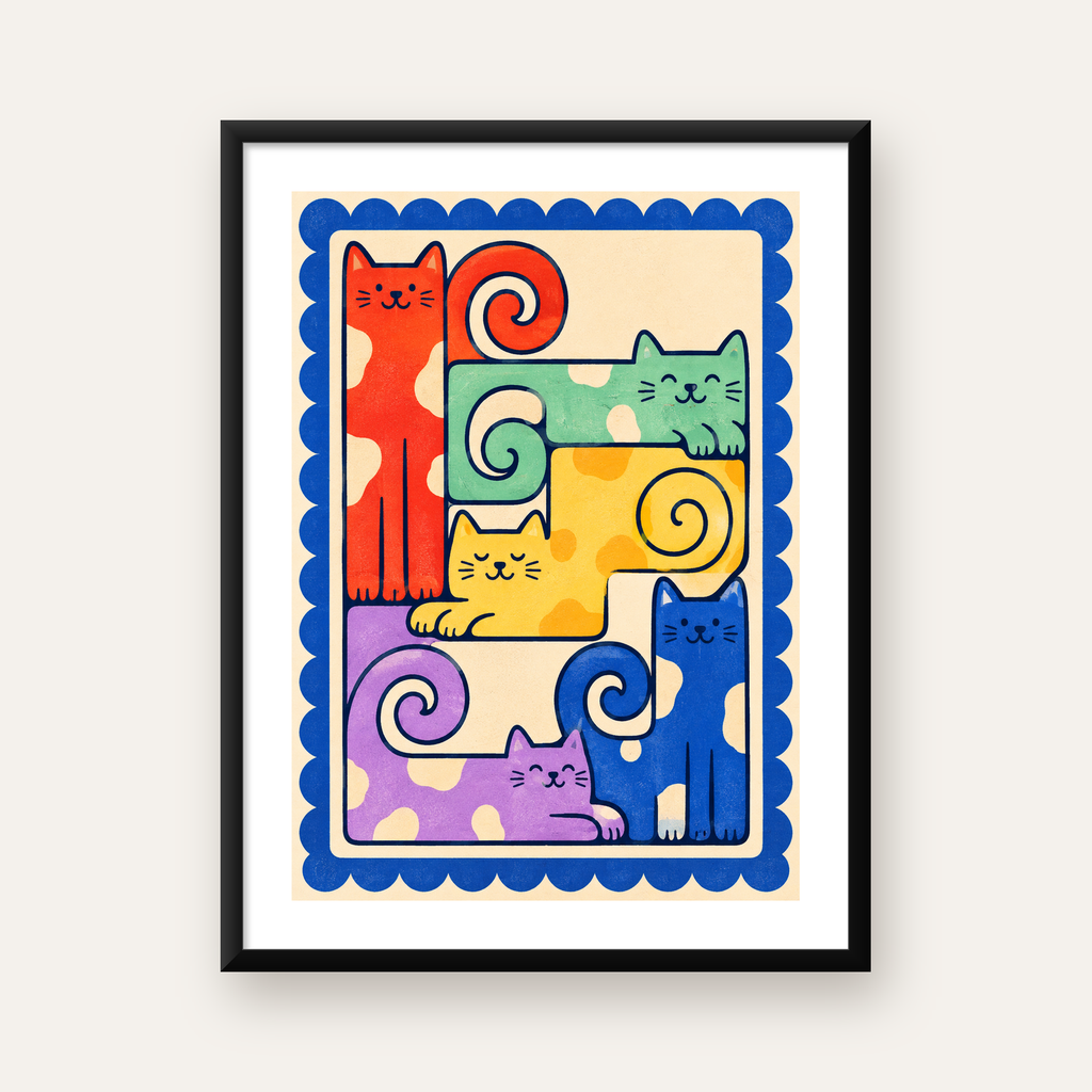 Renkli Stilize Kediler Modern Dijital Poster Baskı — Dikey baskı, beyaz paspartulu