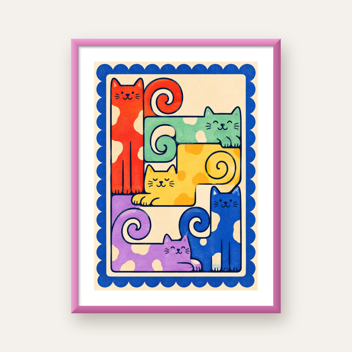 Renkli Stilize Kediler Modern Dijital Poster Baskı — pembe çerçeveli paspartulu