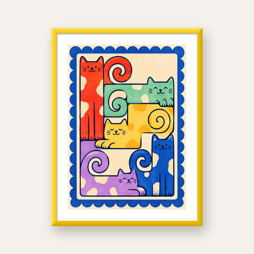 Renkli Stilize Kediler Modern Dijital Poster Baskı — sarı çerçeveli paspartulu