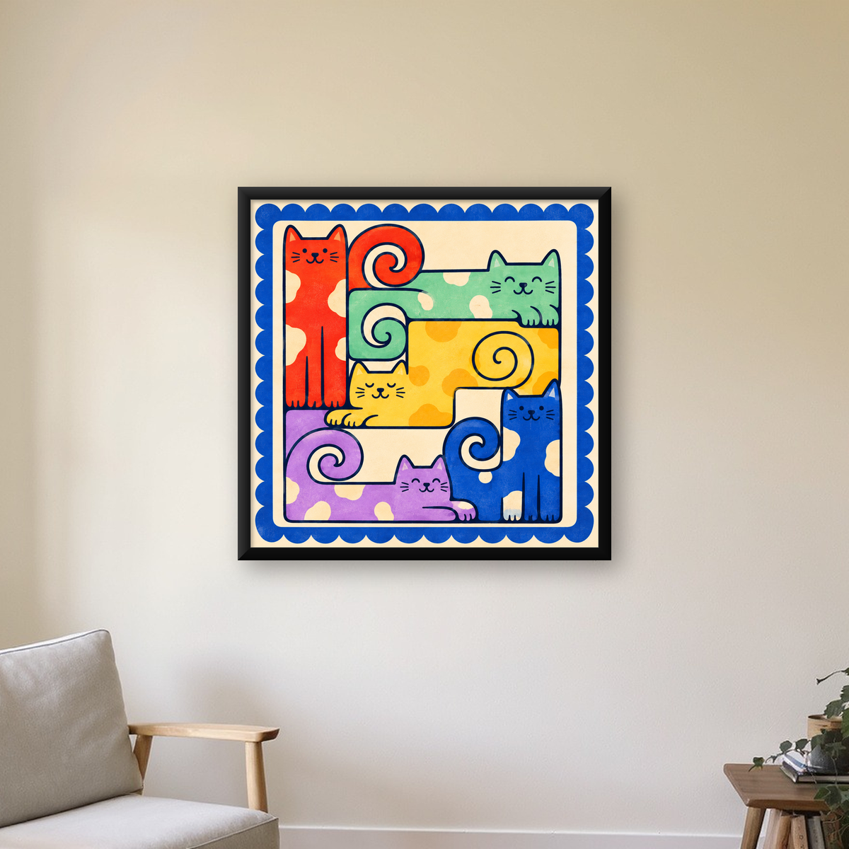 Renkli Stilize Kediler Modern Dijital Poster Baskı — Kare baskı, çerçeveli hâliyle bir ev duvarında
