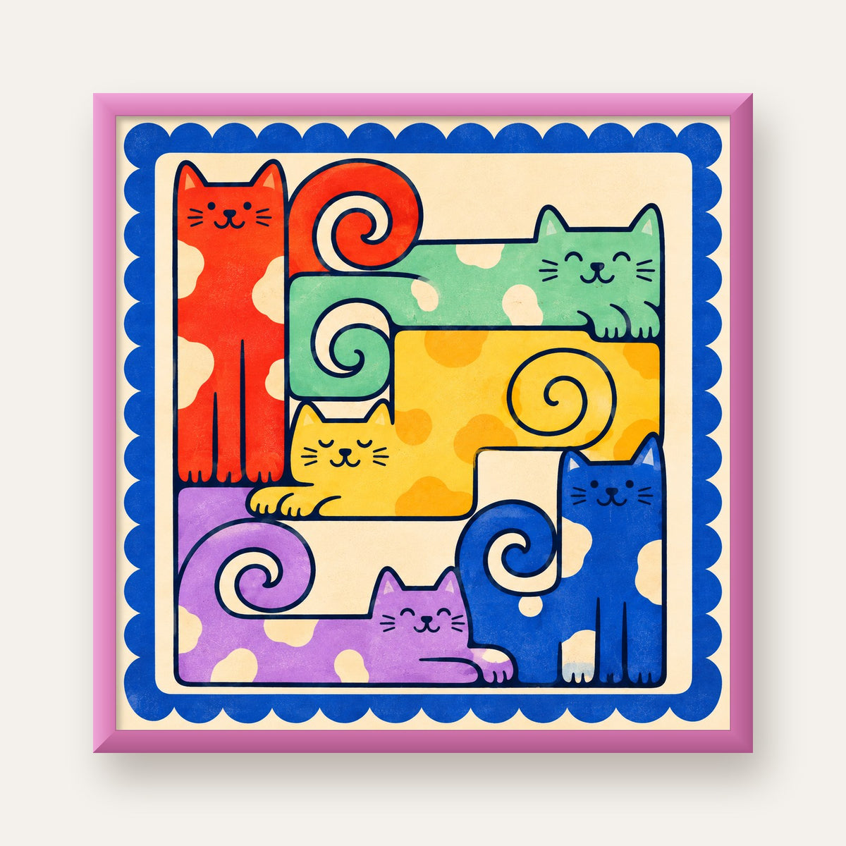 Renkli Stilize Kediler Modern Dijital Poster Baskı — pembe çerçeveli