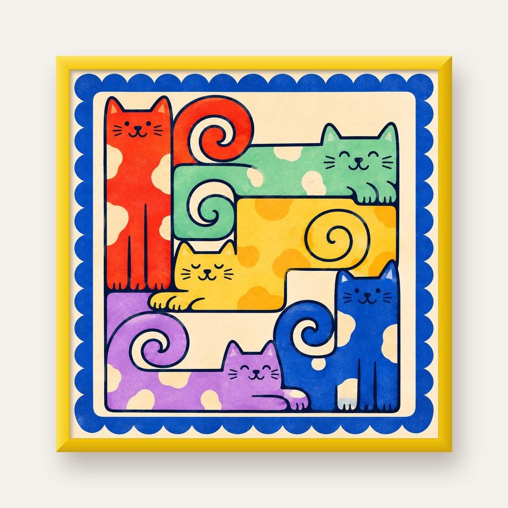Renkli Stilize Kediler Modern Dijital Poster Baskı — sarı çerçeveli