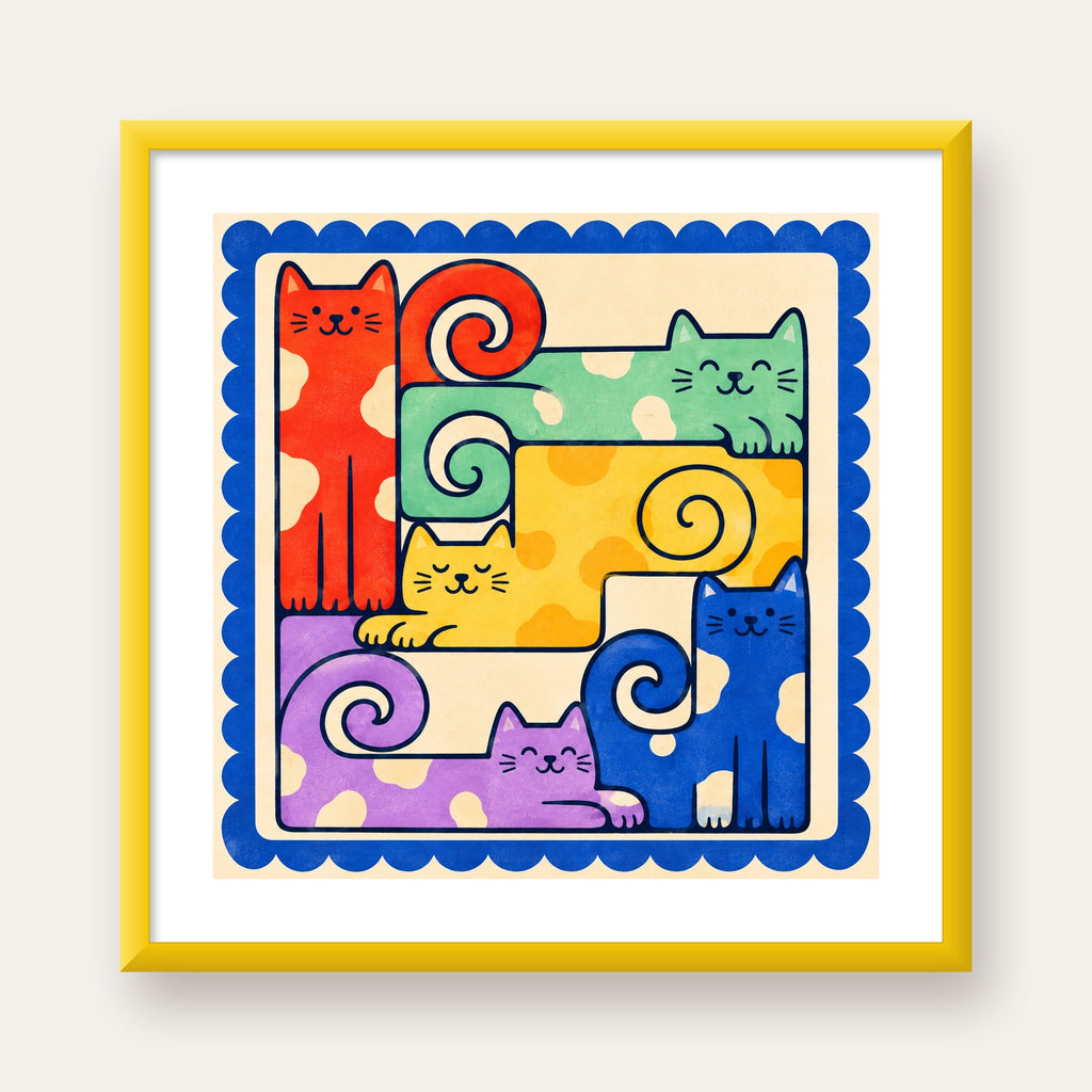 Renkli Stilize Kediler Modern Dijital Poster Baskı — sarı çerçeveli paspartulu