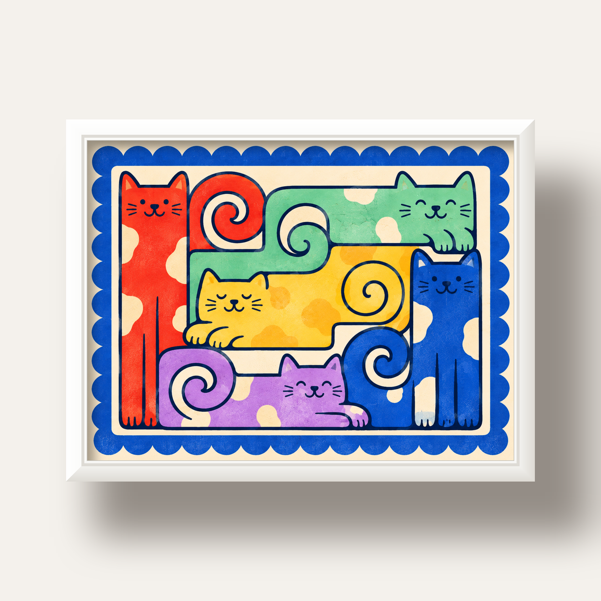 Renkli Stilize Kediler Modern Dijital Poster Baskı — beyaz derin çerçeveli