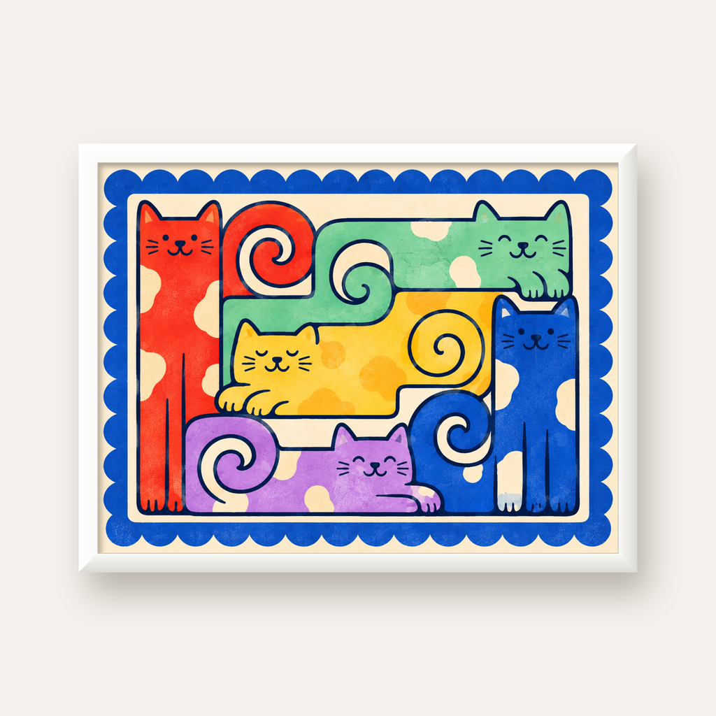 Renkli Stilize Kediler Modern Dijital Poster Baskı — beyaz çerçeveli yatay poster