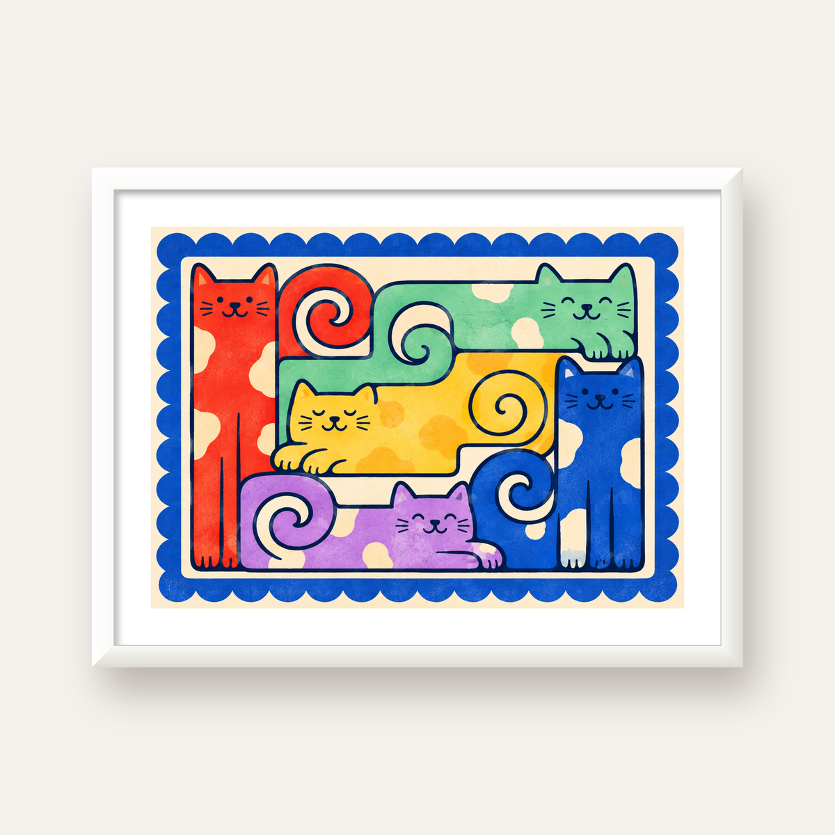 Renkli Stilize Kediler Modern Dijital Poster Baskı — beyaz çerçeveli yatay poster