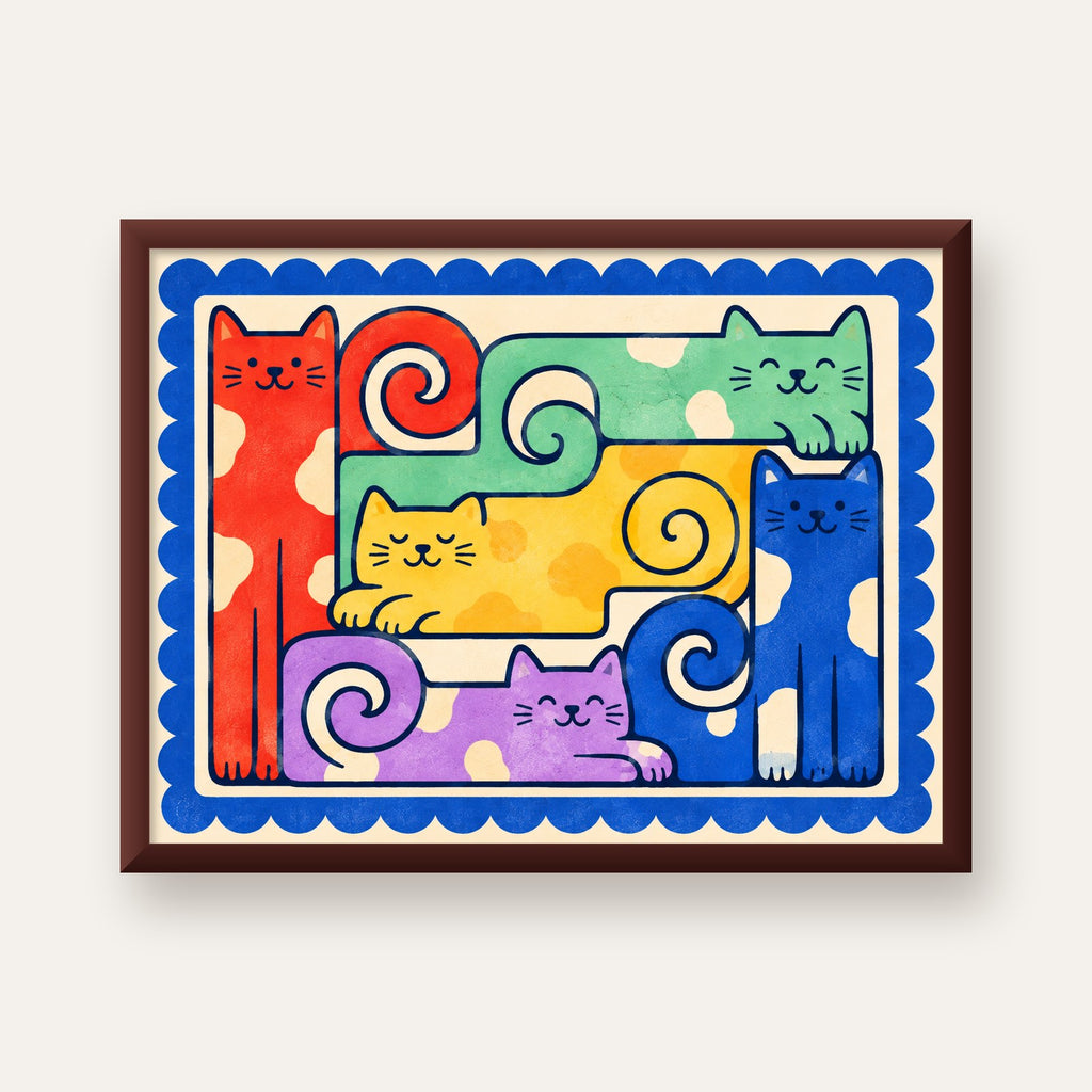 Renkli Stilize Kediler Modern Dijital Poster Baskı — ceviz çerçeveli