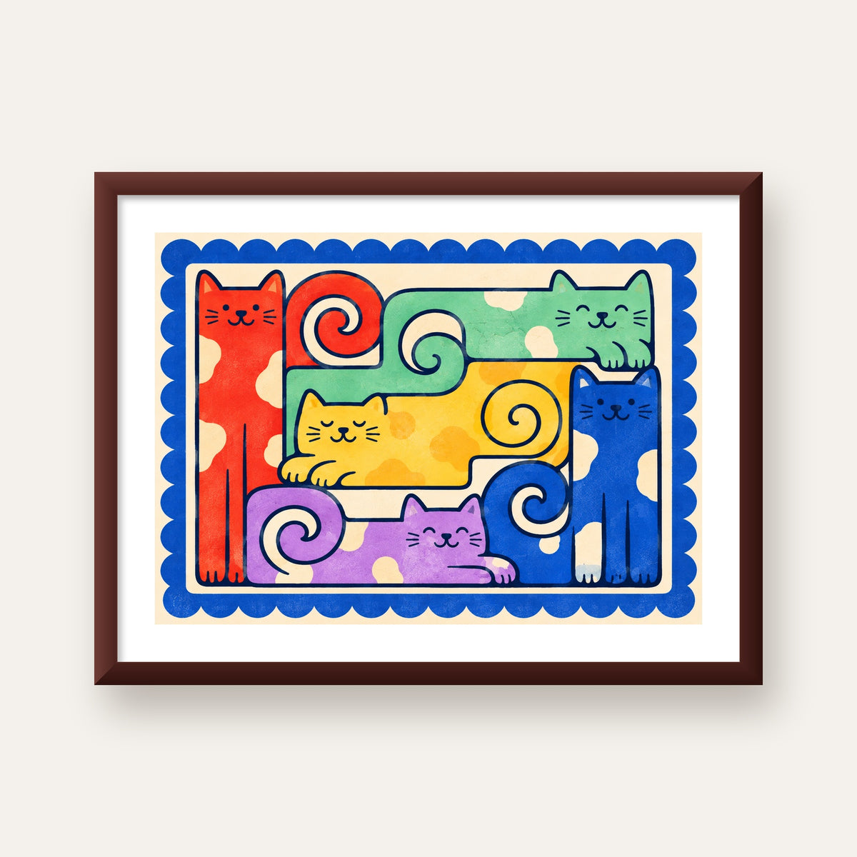 Renkli Stilize Kediler Modern Dijital Poster Baskı — ceviz çerçeveli paspartulu