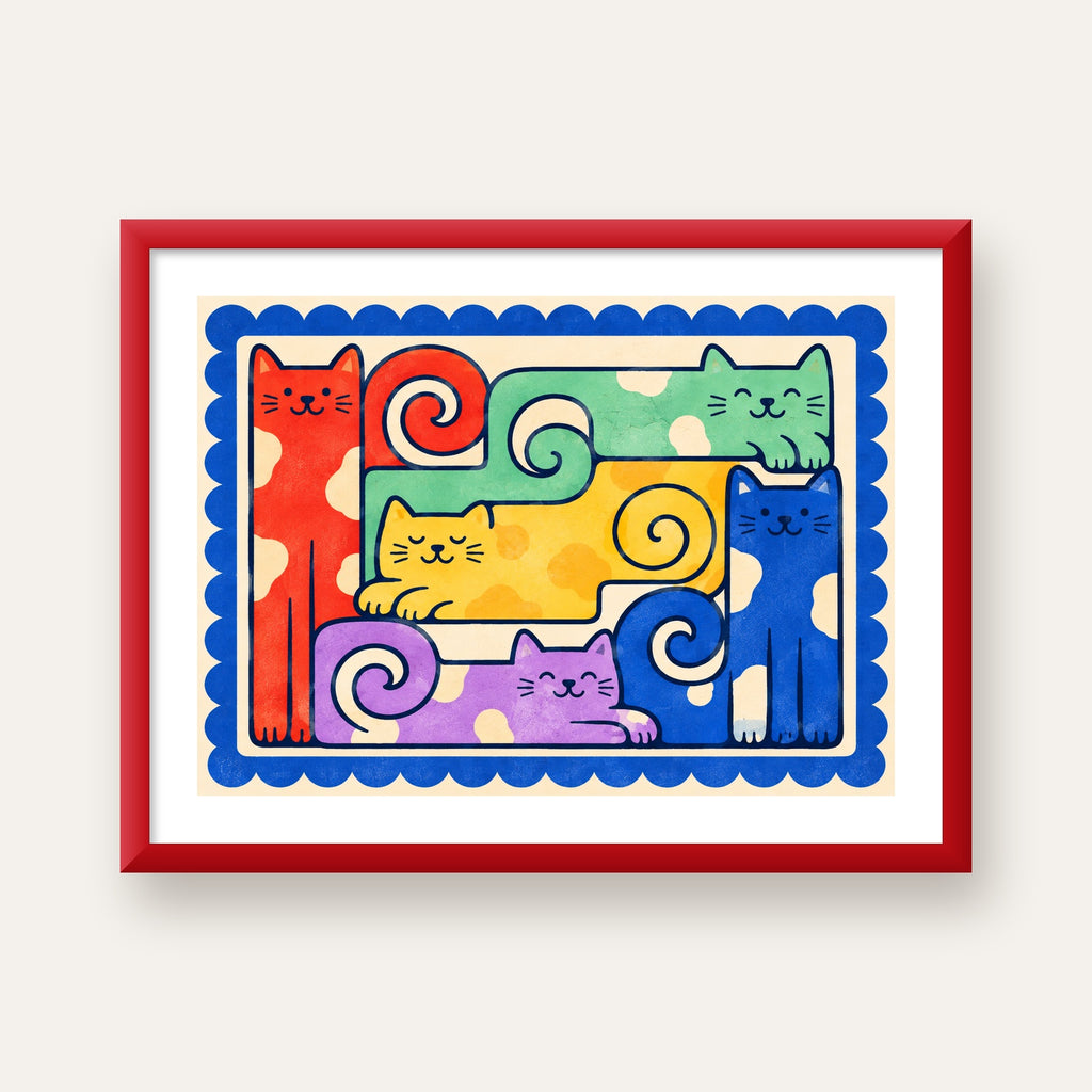 Renkli Stilize Kediler Modern Dijital Poster Baskı — kırmızı çerçeveli paspartulu
