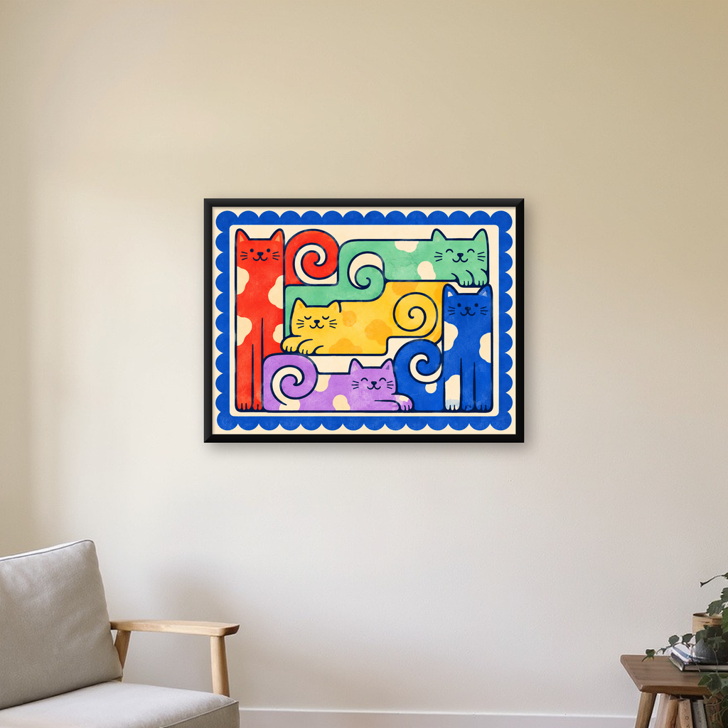 Renkli Stilize Kediler Modern Dijital Poster Baskı — Yatay baskı, çerçeveli hâliyle bir ev duvarında