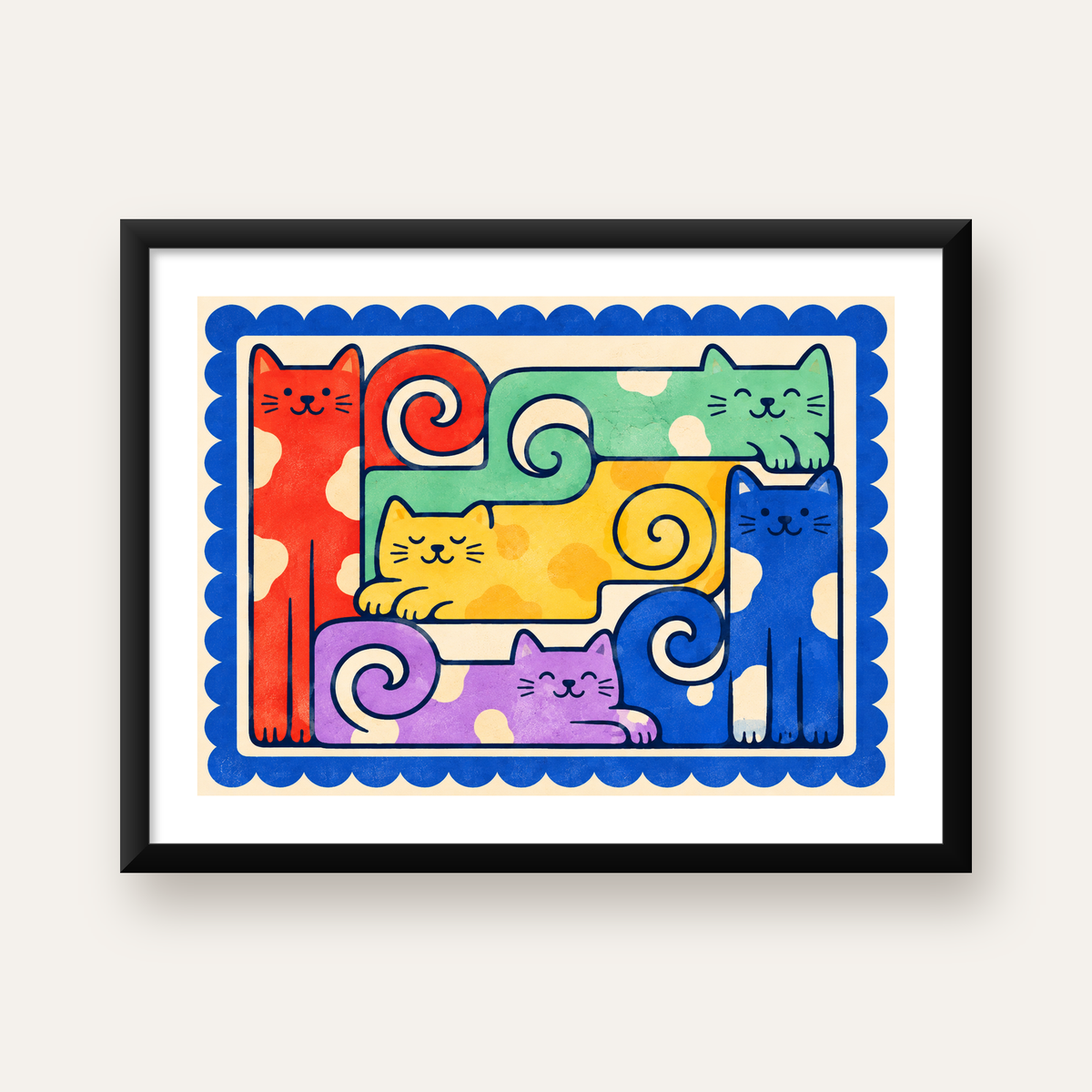 Renkli Stilize Kediler Modern Dijital Poster Baskı — Yatay baskı, beyaz paspartulu
