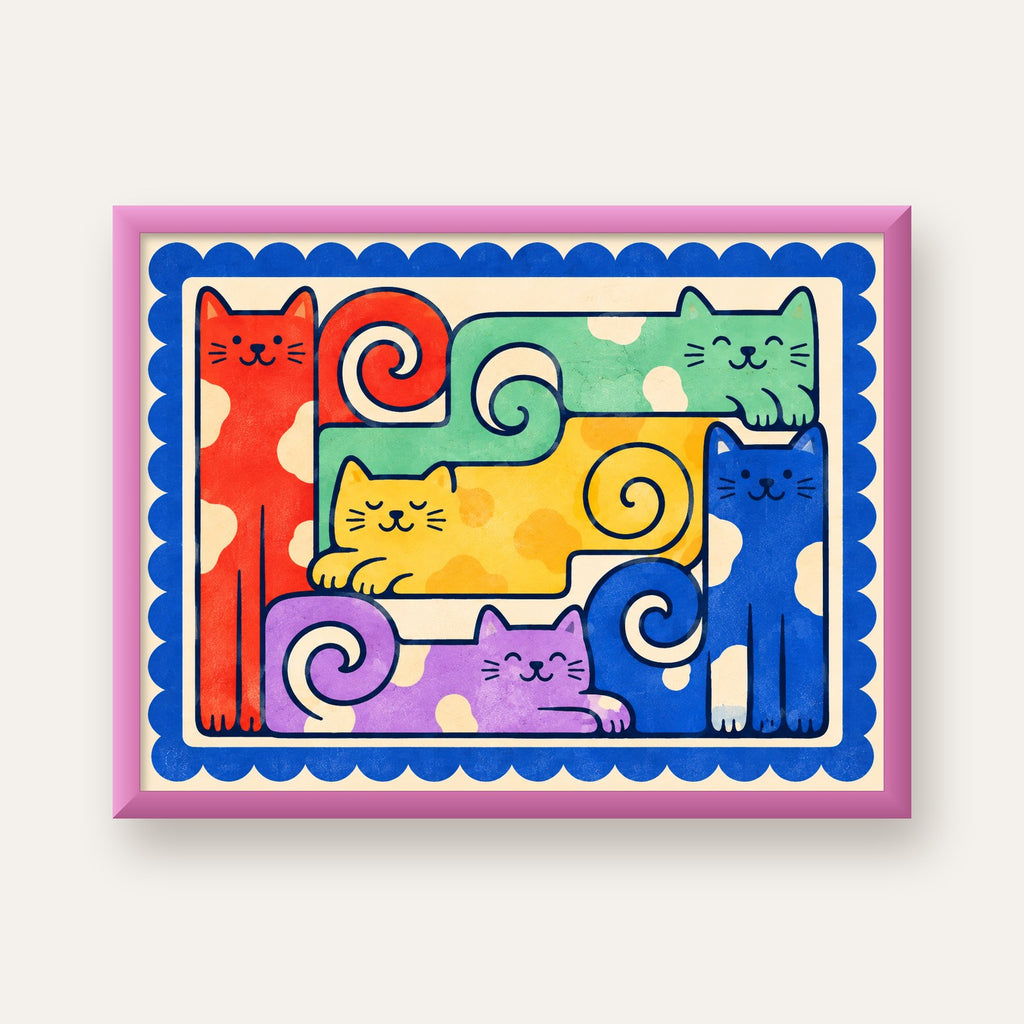 Renkli Stilize Kediler Modern Dijital Poster Baskı — pembe çerçeveli