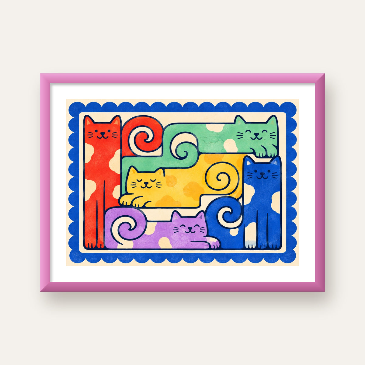 Renkli Stilize Kediler Modern Dijital Poster Baskı — pembe çerçeveli paspartulu