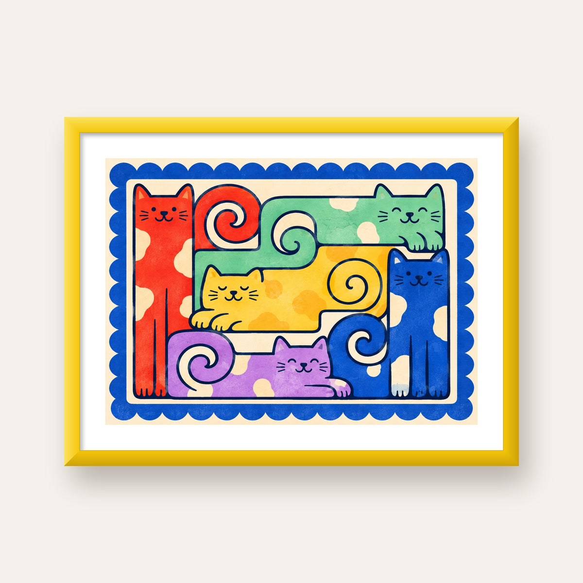 Renkli Stilize Kediler Modern Dijital Poster Baskı — sarı çerçeveli paspartulu