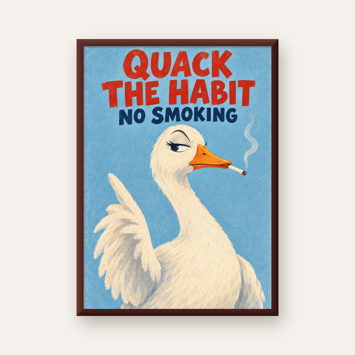 Quack The Habit Mizahi Sigara Karşıtı Ördek Poster — ceviz çerçeveli