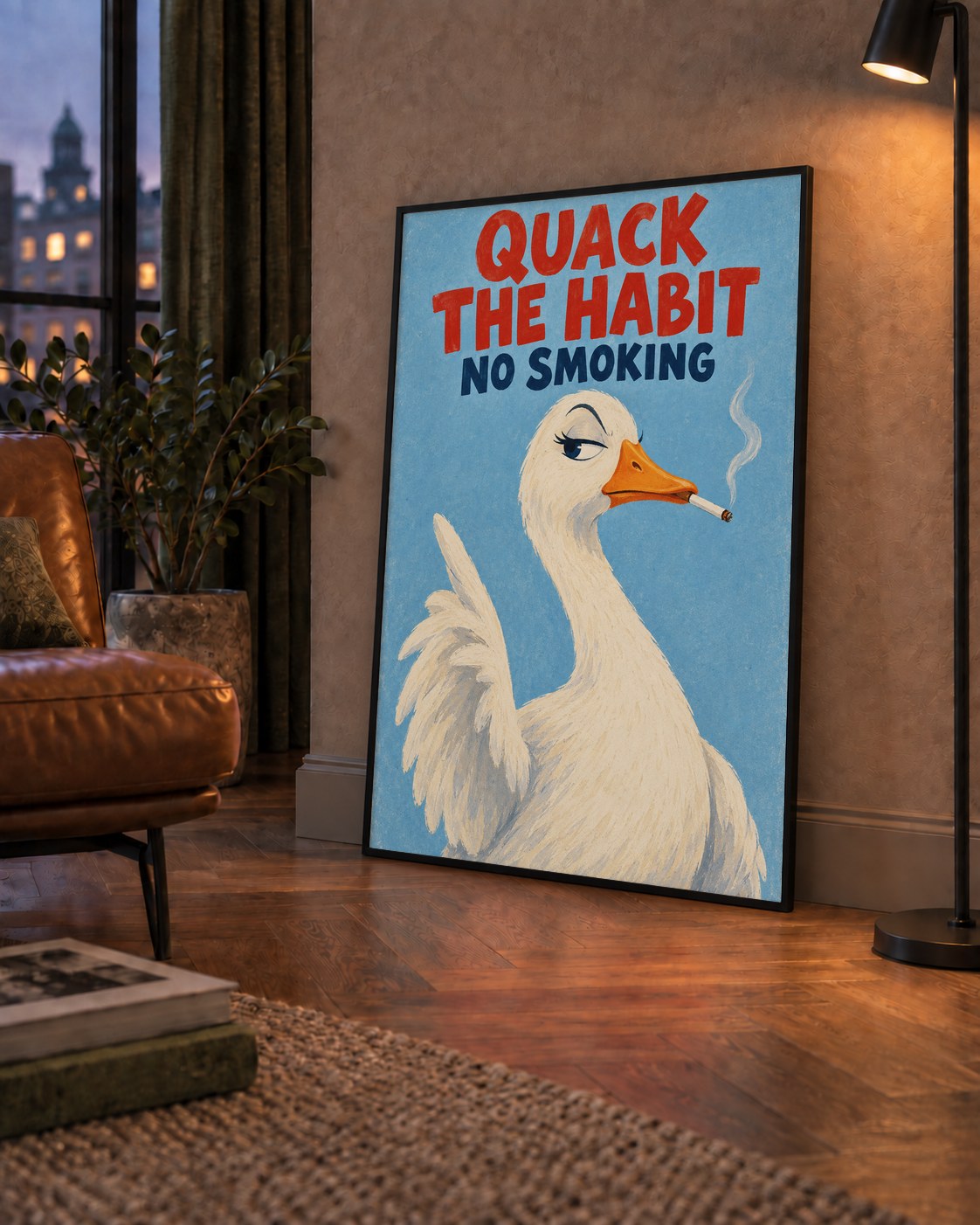 Quack The Habit Mizahi Sigara Karşıtı Ördek Poster — çerçeveli hâliyle bir ev duvarında