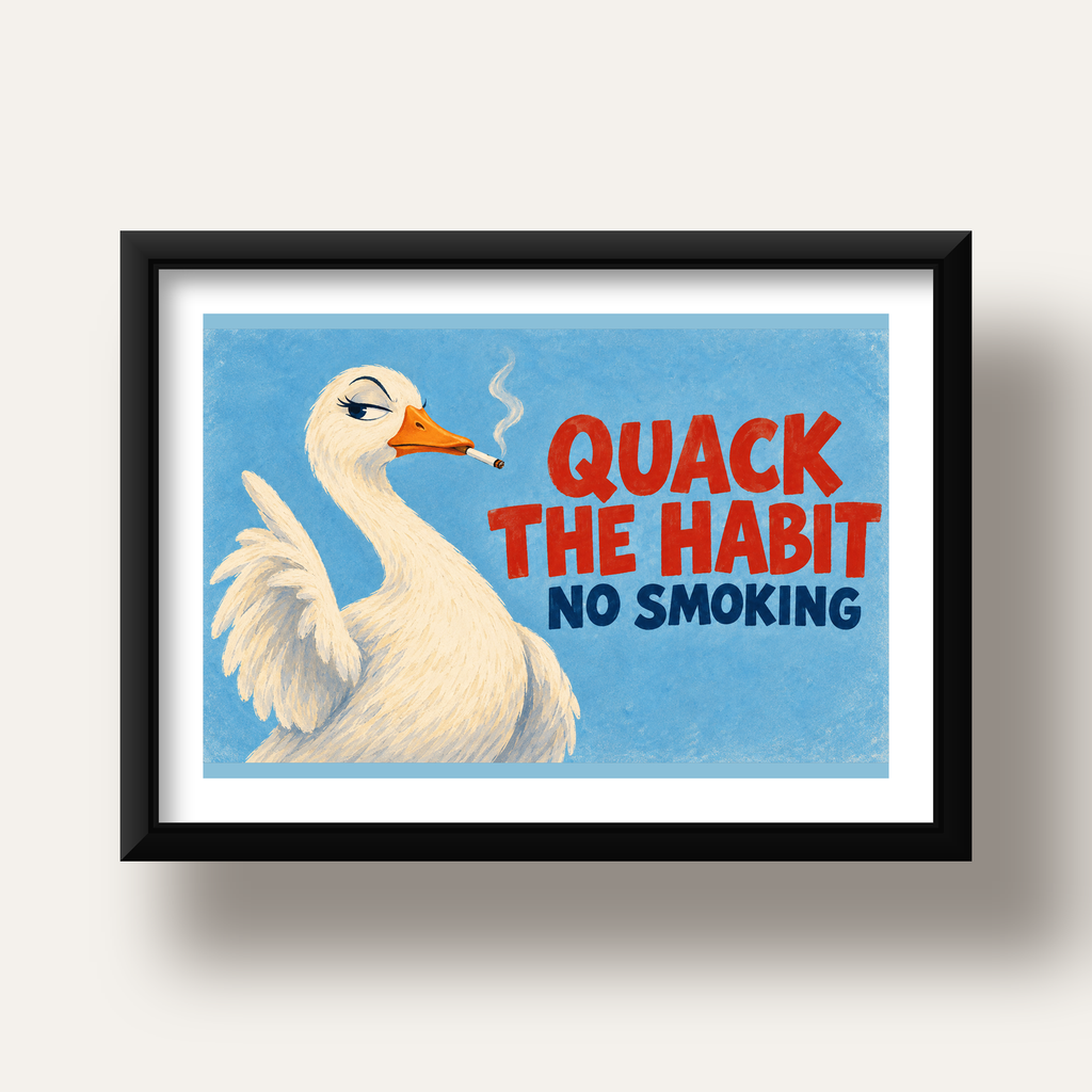Quack The Habit Mizahi Sigara Karşıtı Ördek Poster — siyah derin çerçeveli paspartulu
