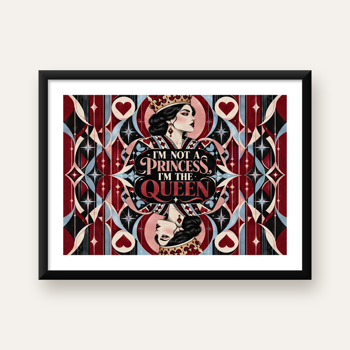 Kraliçe Portresi & Tipografi Vintage Poster: Güçlü ve Zarif Tasarım — Yatay baskı, beyaz kenar boşluklu