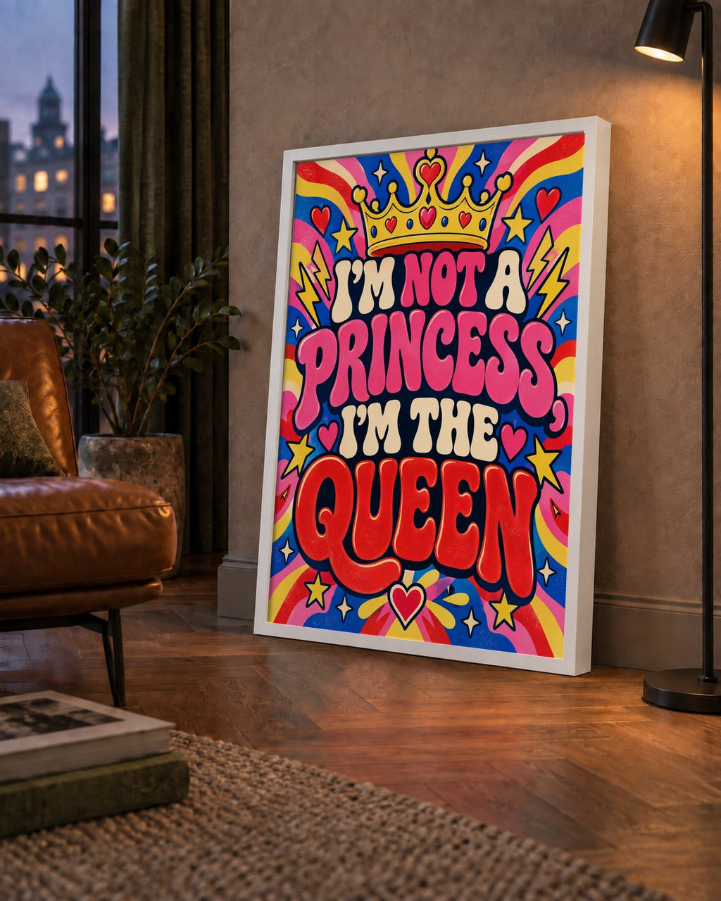 I'm Not a Princess — Renkli Pop Art — çerçeveli hâliyle bir ev duvarında