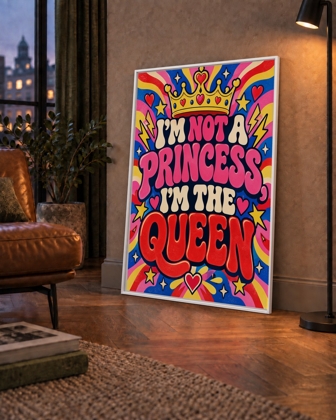 I'm Not a Princess — Renkli Pop Art — çerçeveli hâliyle bir ev duvarında