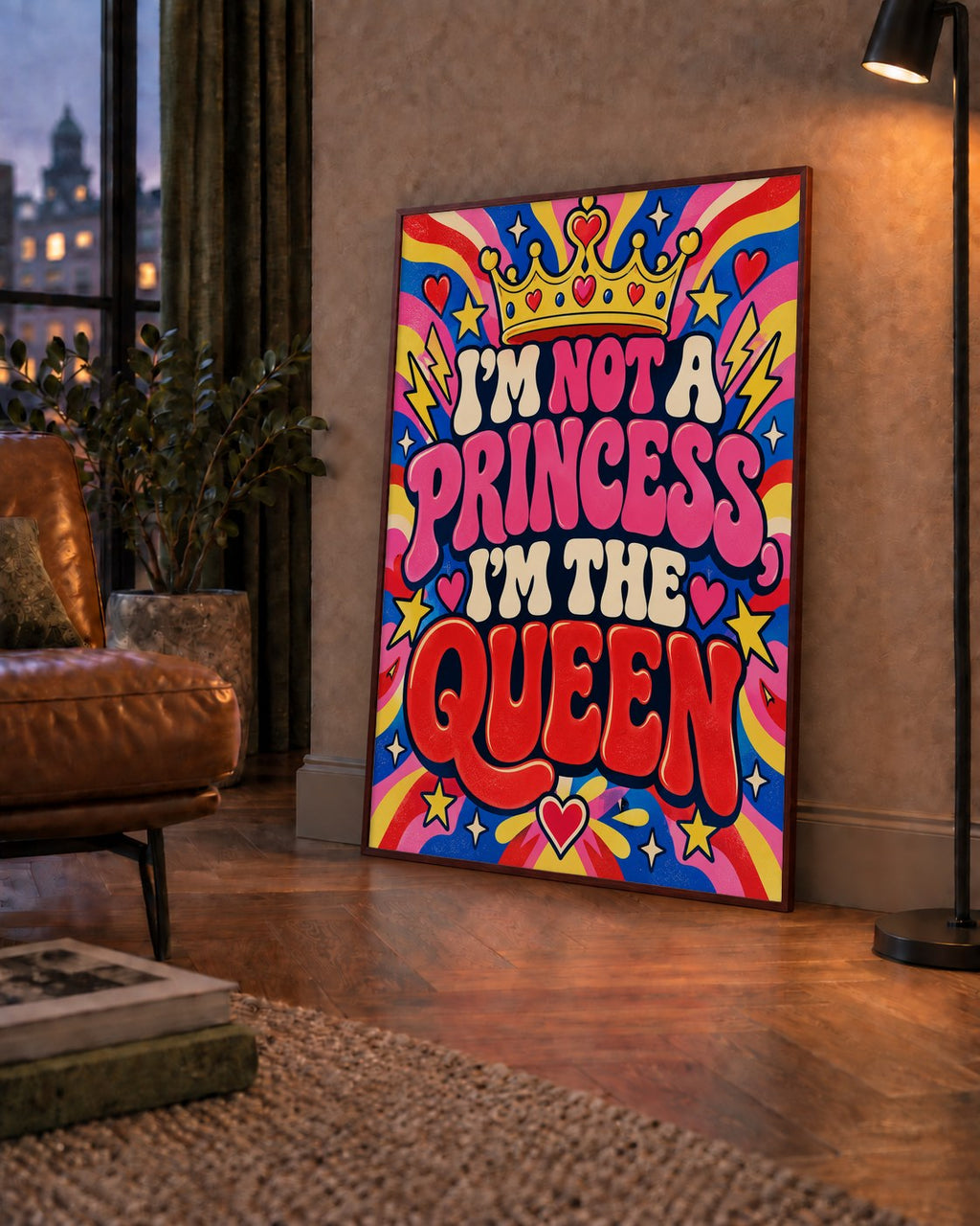 I'm Not a Princess — Renkli Pop Art — çerçeveli hâliyle bir ev duvarında
