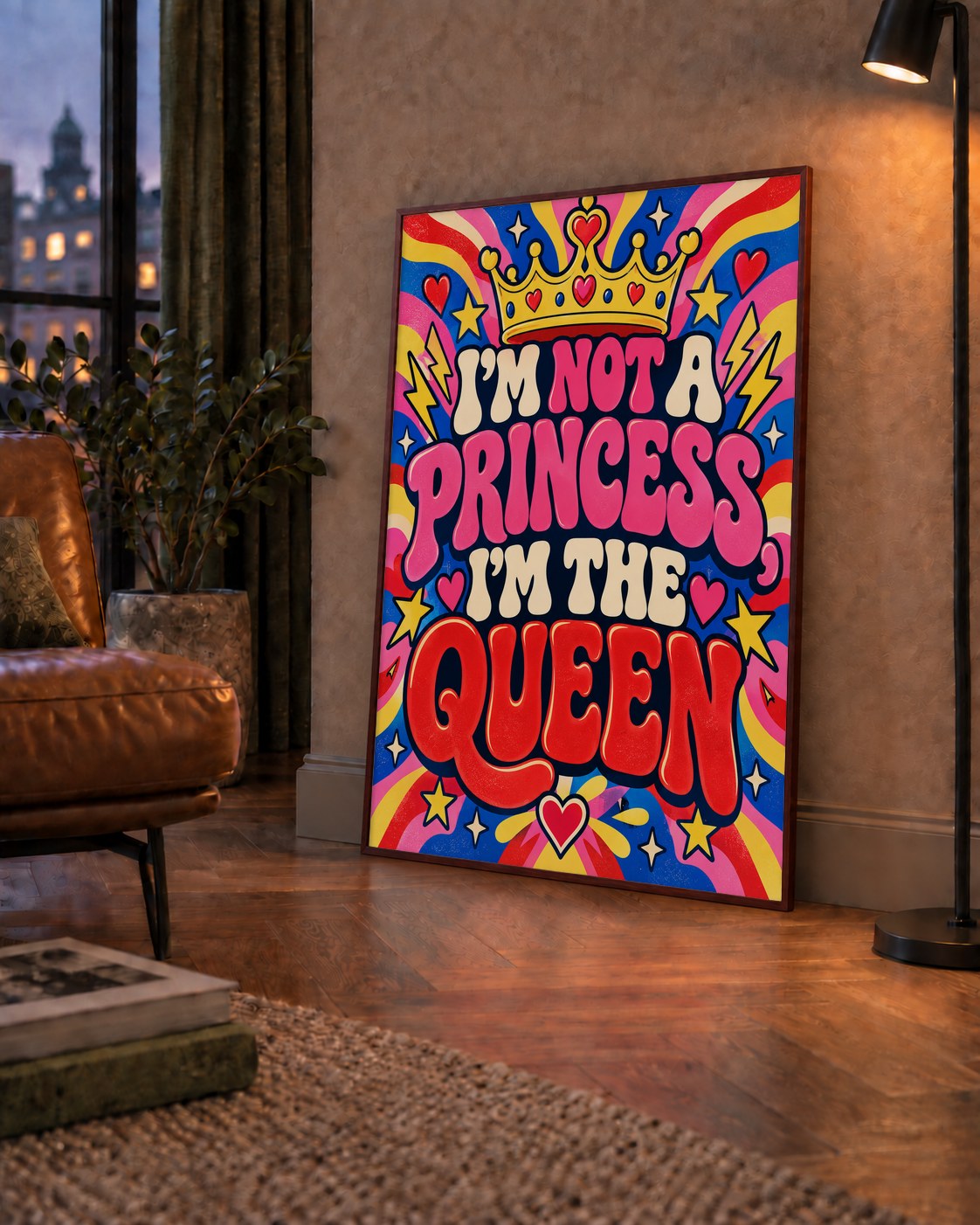 I'm Not a Princess — Renkli Pop Art — çerçeveli hâliyle bir ev duvarında