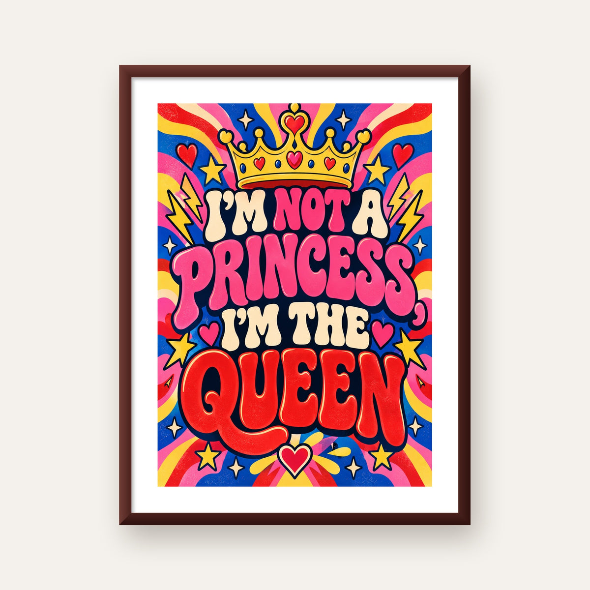 I'm Not a Princess — Renkli Pop Art — ceviz çerçeveli paspartulu