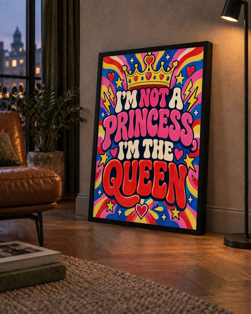 I'm Not a Princess — Renkli Pop Art — çerçeveli hâliyle bir ev duvarında