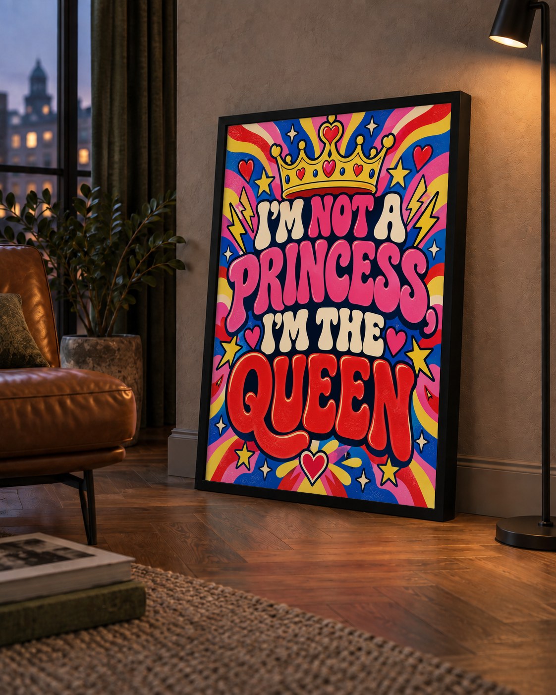 I'm Not a Princess — Renkli Pop Art — çerçeveli hâliyle bir ev duvarında