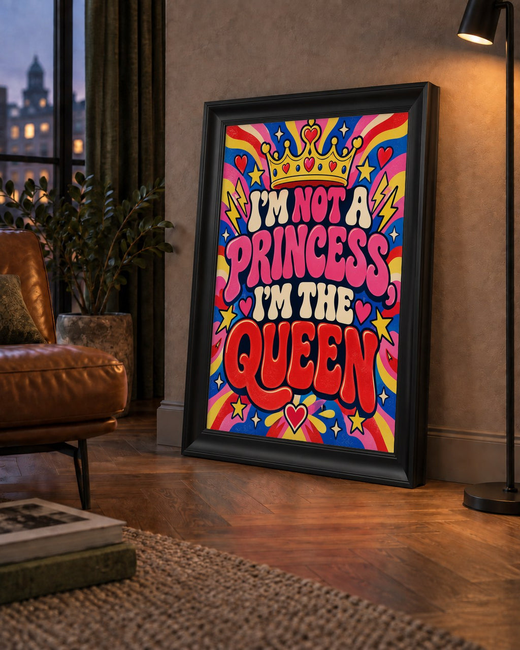 I'm Not a Princess — Renkli Pop Art — çerçeveli hâliyle bir ev duvarında