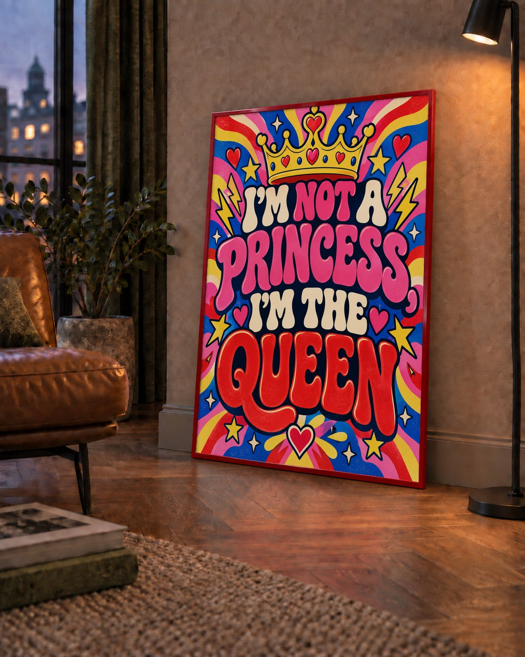 I'm Not a Princess — Renkli Pop Art — çerçeveli hâliyle bir ev duvarında