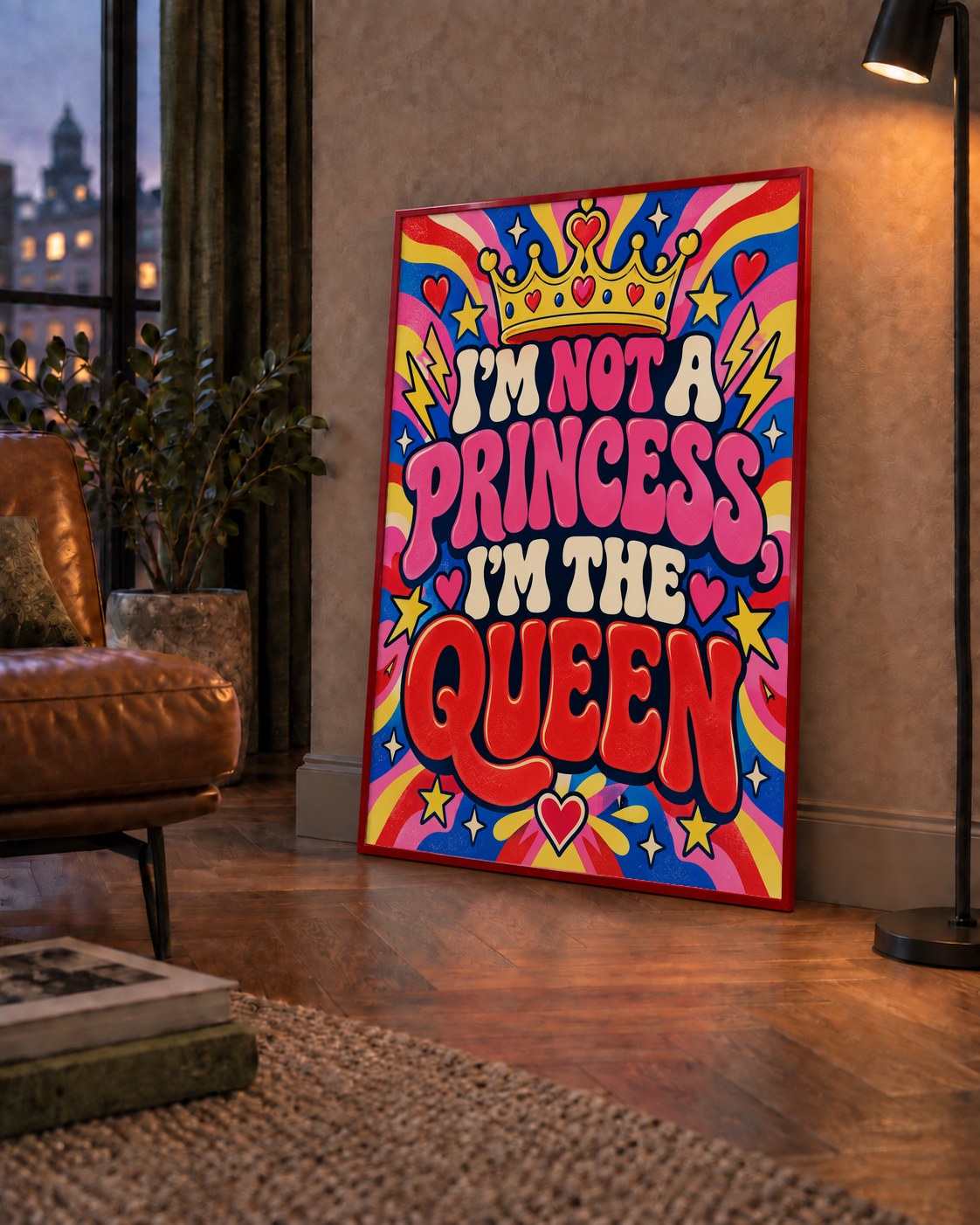 I'm Not a Princess — Renkli Pop Art — çerçeveli hâliyle bir ev duvarında