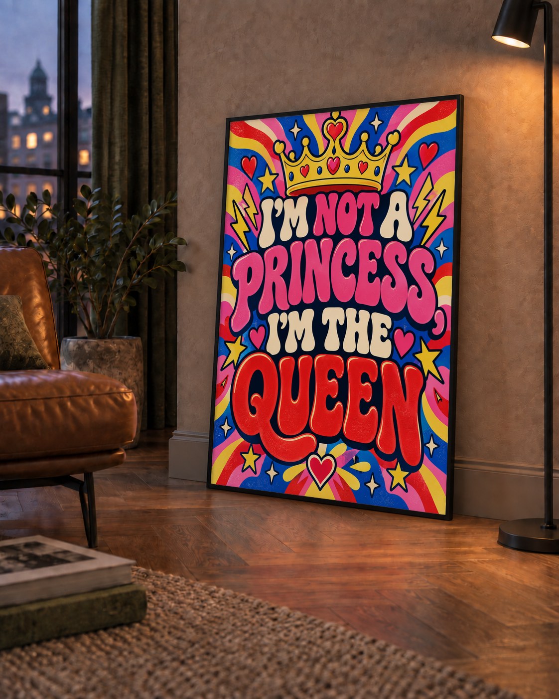 I'm Not a Princess — Renkli Pop Art — çerçeveli hâliyle bir ev duvarında