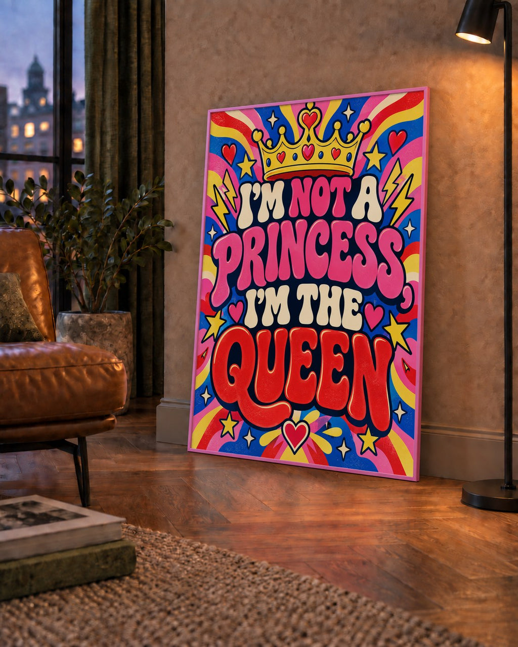 I'm Not a Princess — Renkli Pop Art — çerçeveli hâliyle bir ev duvarında