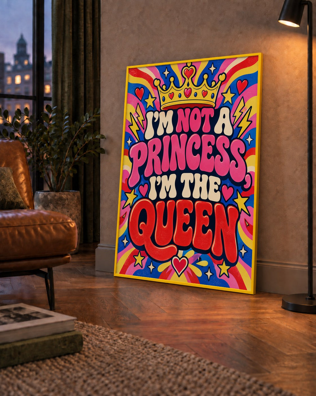 I'm Not a Princess — Renkli Pop Art — çerçeveli hâliyle bir ev duvarında
